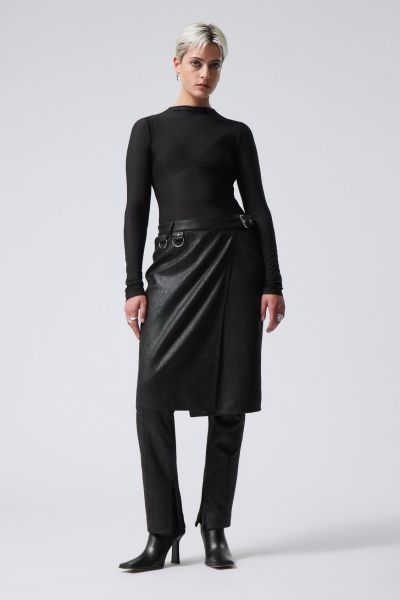 Black Perfect Party Clothing Women Oda Coated Faux Leather Midi Skirt