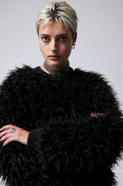 High-Quality Fluffy Faux Fur Sweatshirt Black Women Party Clothing