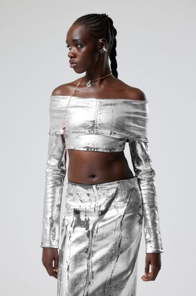 Party Clothing Silver Coated Women Mu Boat Neck Crop Top Handcrafted