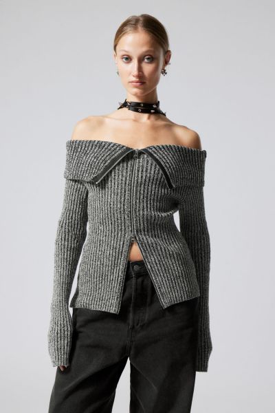 Two-Tone Grey Sale Women Knitwear Vanna Off Shoulder Zip Cardigan