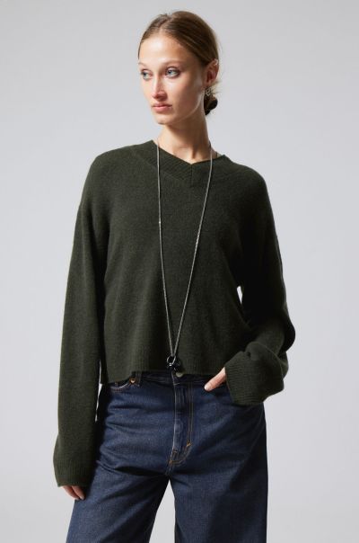 Flexible Dark Green Reese V-Neck Wool Sweater Knitwear Women