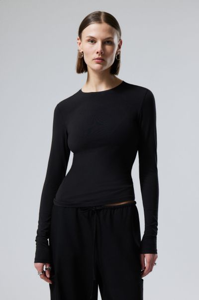 Black T-Shirts & Tops Lowest Price Guarantee Slim Fitted Long Sleeve Women