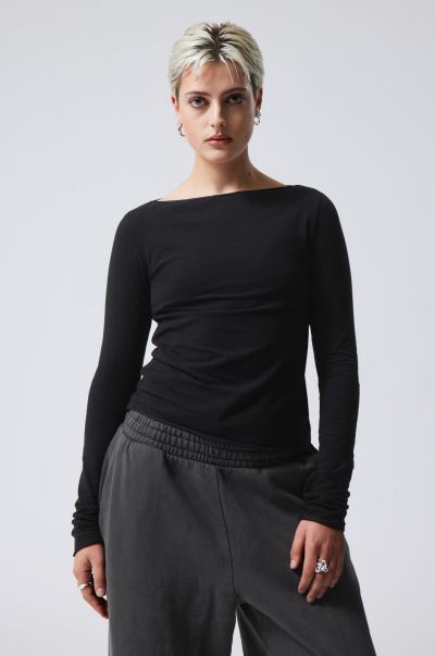 Women T-Shirts & Tops Boatneck Cotton Longsleeve Black Top