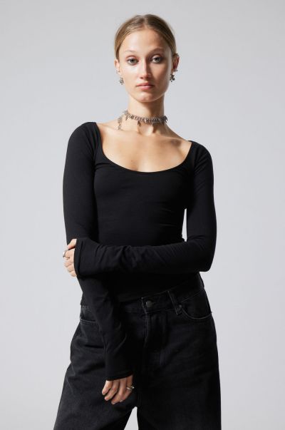 Must-Go Prices Scooped Fitted Long Sleeve T-Shirts & Tops Women Black