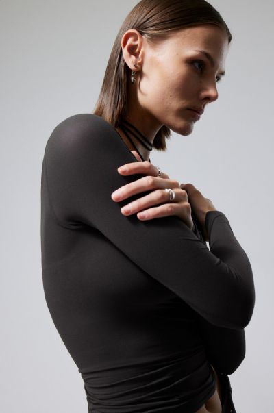 Durable T-Shirts & Tops Sheer Boatneck Long Sleeve Dark Grey Women