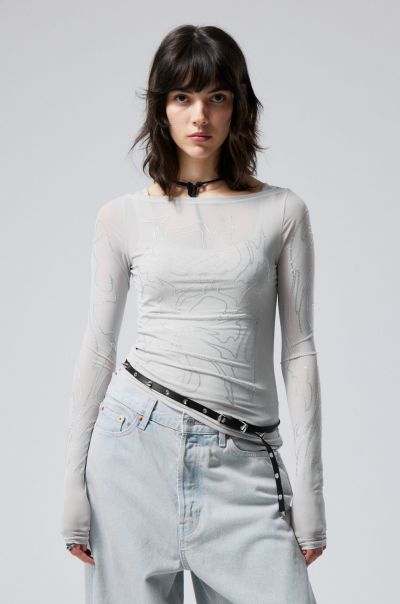 Light Grey Freja Rhinestone Long Sleeve Top Women Quick T-Shirts & Tops