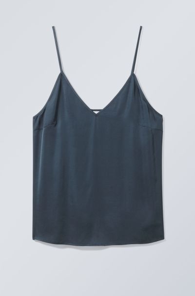Shine Satin Singlet Dark Teal Shimmer Women Vintage T-Shirts & Tops