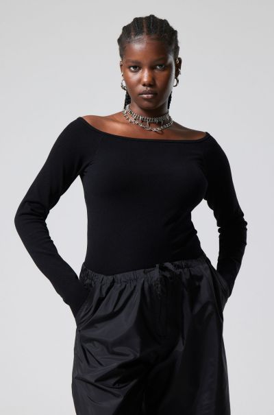 T-Shirts & Tops Black Women Seamless Off Shoulder Long Sleeve Contemporary