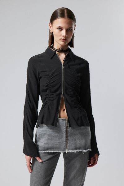 Black Women Shirts & Blouses Affordable Gale Ruched Zip Shirt