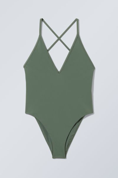 Deep V-Neck Swimsuit Dusty Green Swimwear Women Cheap