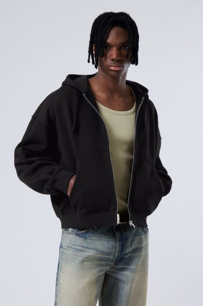 Affordable Men Black Boxy Midweight Zip Hoodie Hoodies & Sweatshirts