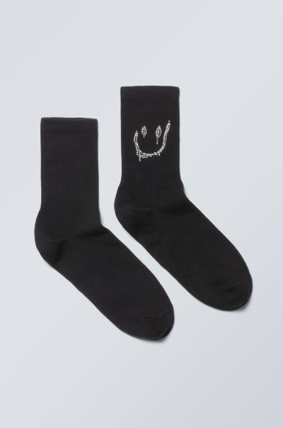 Men Graphic Sport Sock Black Rhinestone Smiling Socks Superior